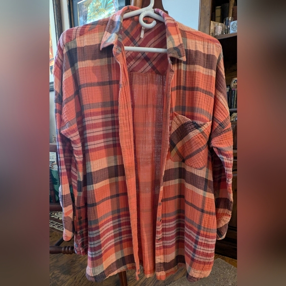 EUC Free People Orange Fall Cotton Plaid Button Down Shirt - Picture 9 of 9